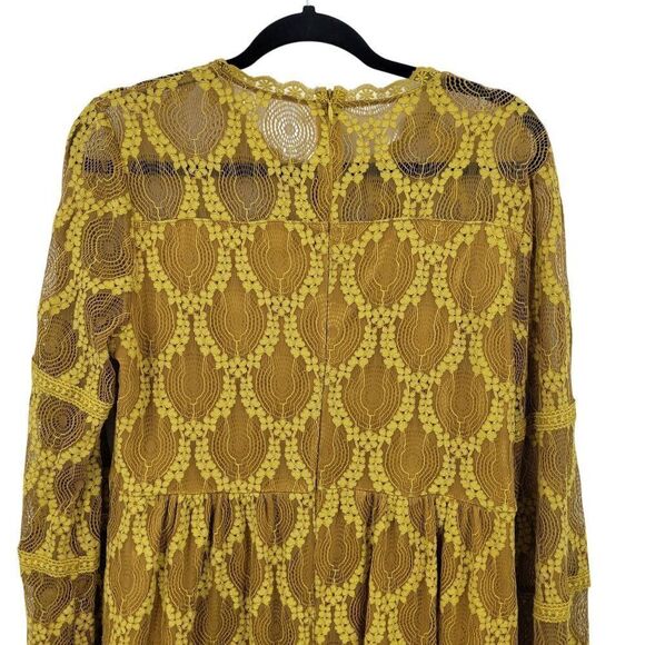 Xhilaration  Mustard Yellow Lace Bell Sleeve Dress L Tea Length Retro 70s Hippie - Picture 8 of 10